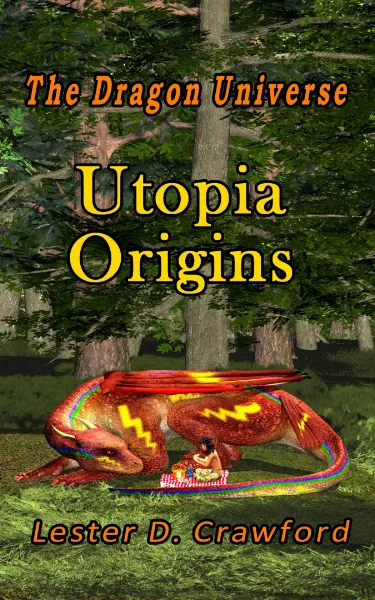 Book cover for 'The Dragon Universe Utopia Origins' showing a child having a picnic with a dragon